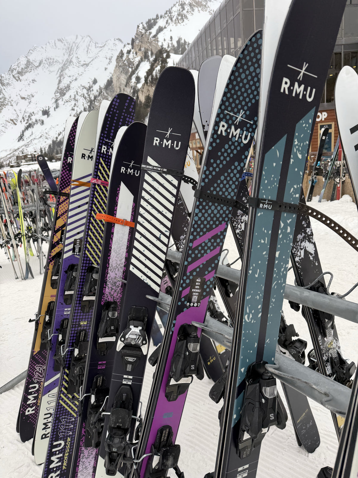 The full 2027 RMU ski colourway lineup racked up at the resort